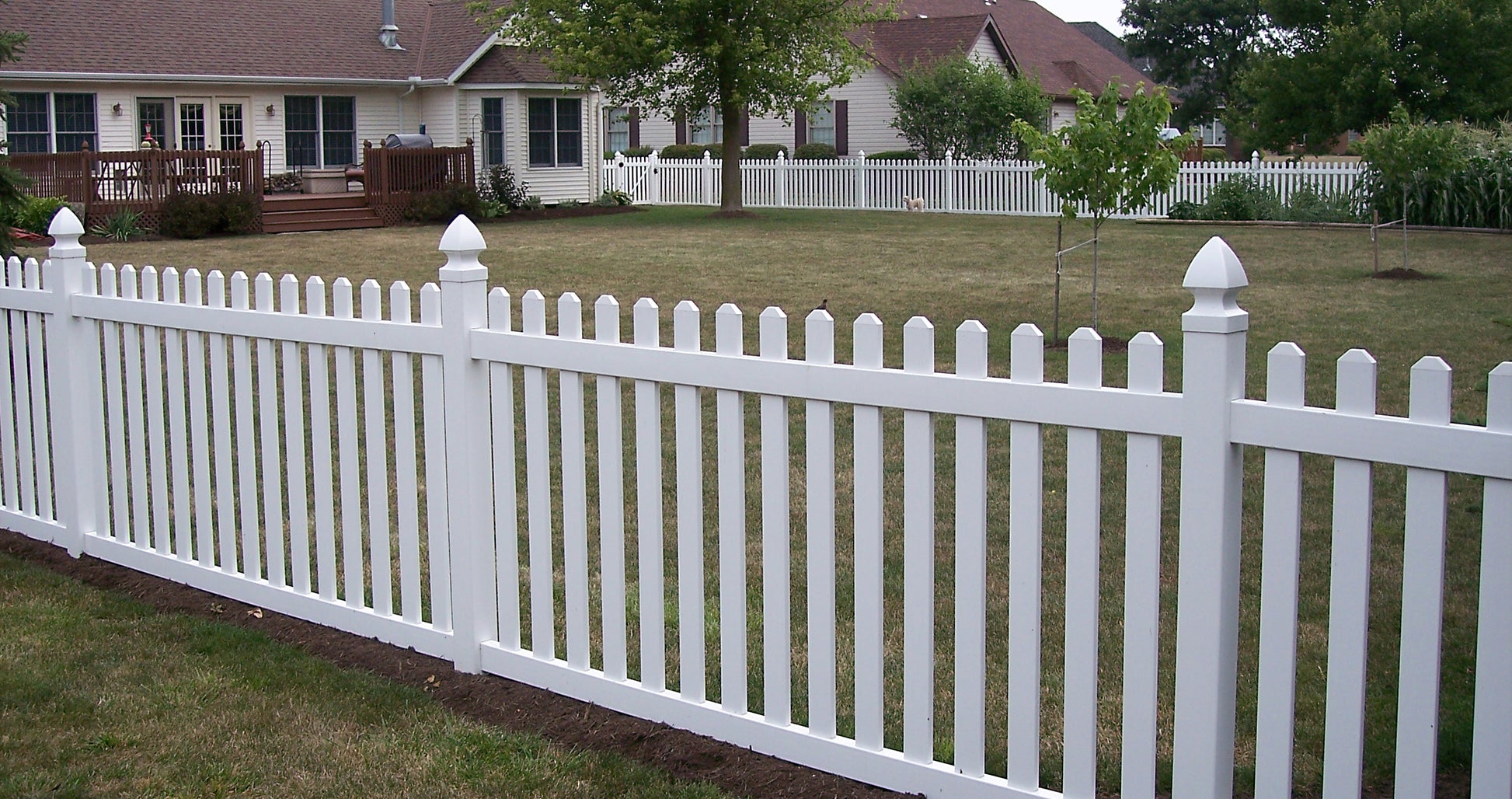 Weatherables Chelsea white vinyl picket fence in front of a residential house with green grass and trees.