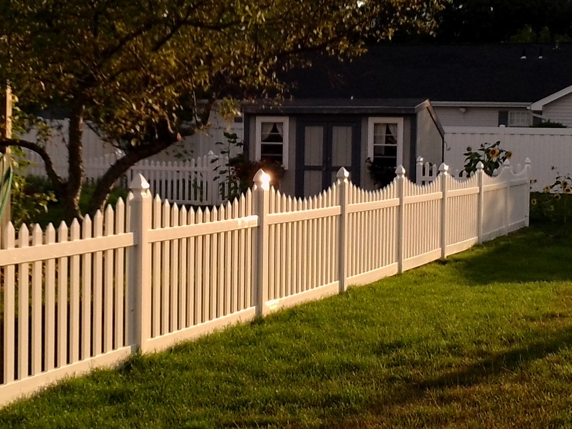 Weatherables Hampshire tan vinyl picket fence in front of a house with trees and grass.