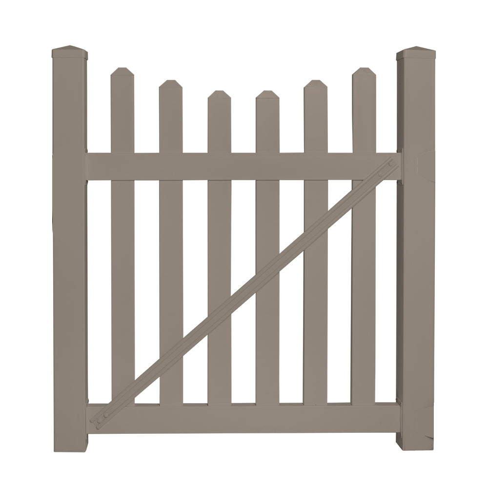 Khaki Ellington vinyl picket fencing gate stock image