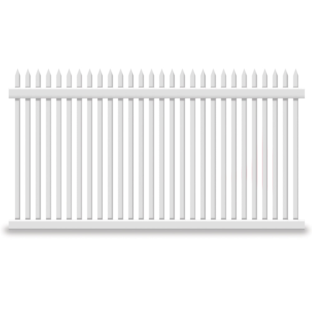 White Hartford vinyl picket fence stock image