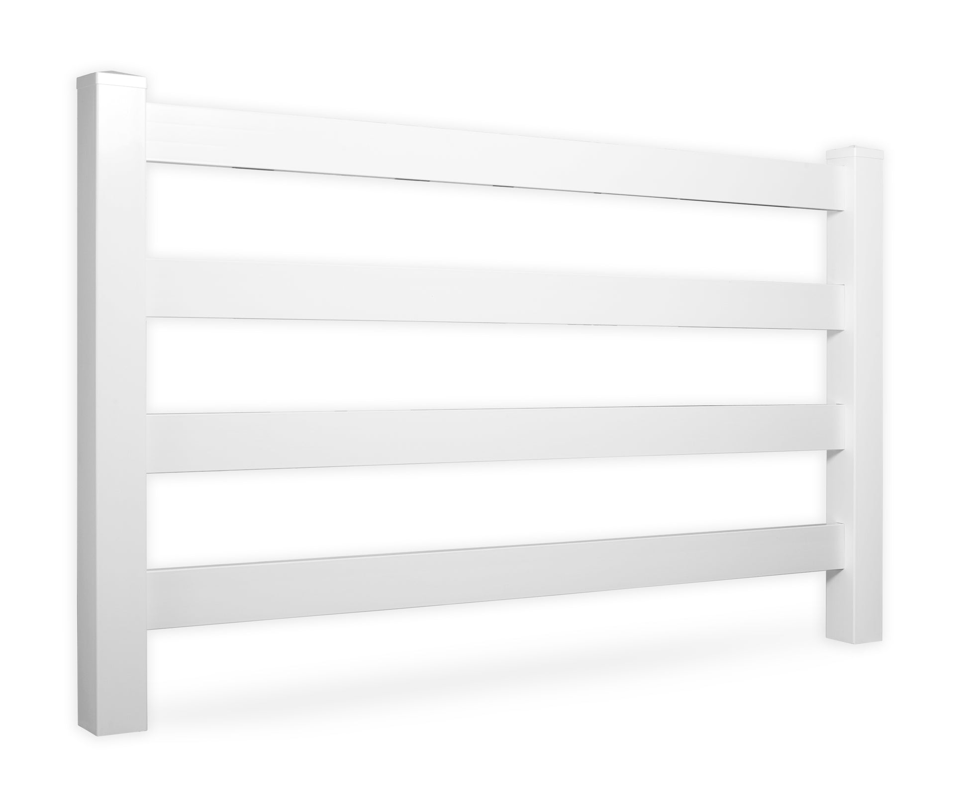 white vinyl 4-rail horse fence stock image