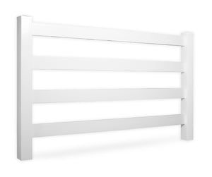 white vinyl 4-rail horse fence stock image