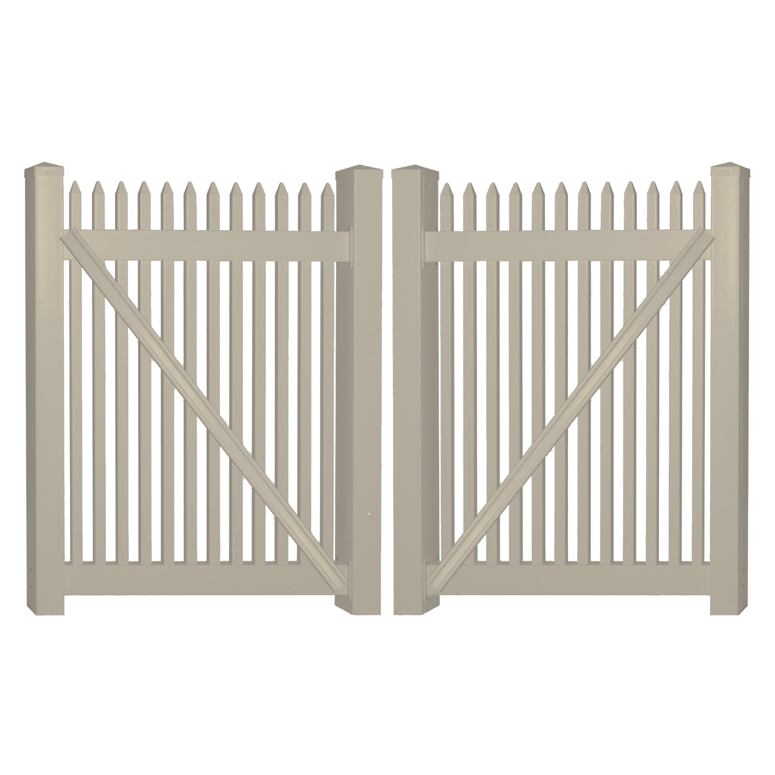 Khaki Hartford vinyl picket fencing double gate stock image