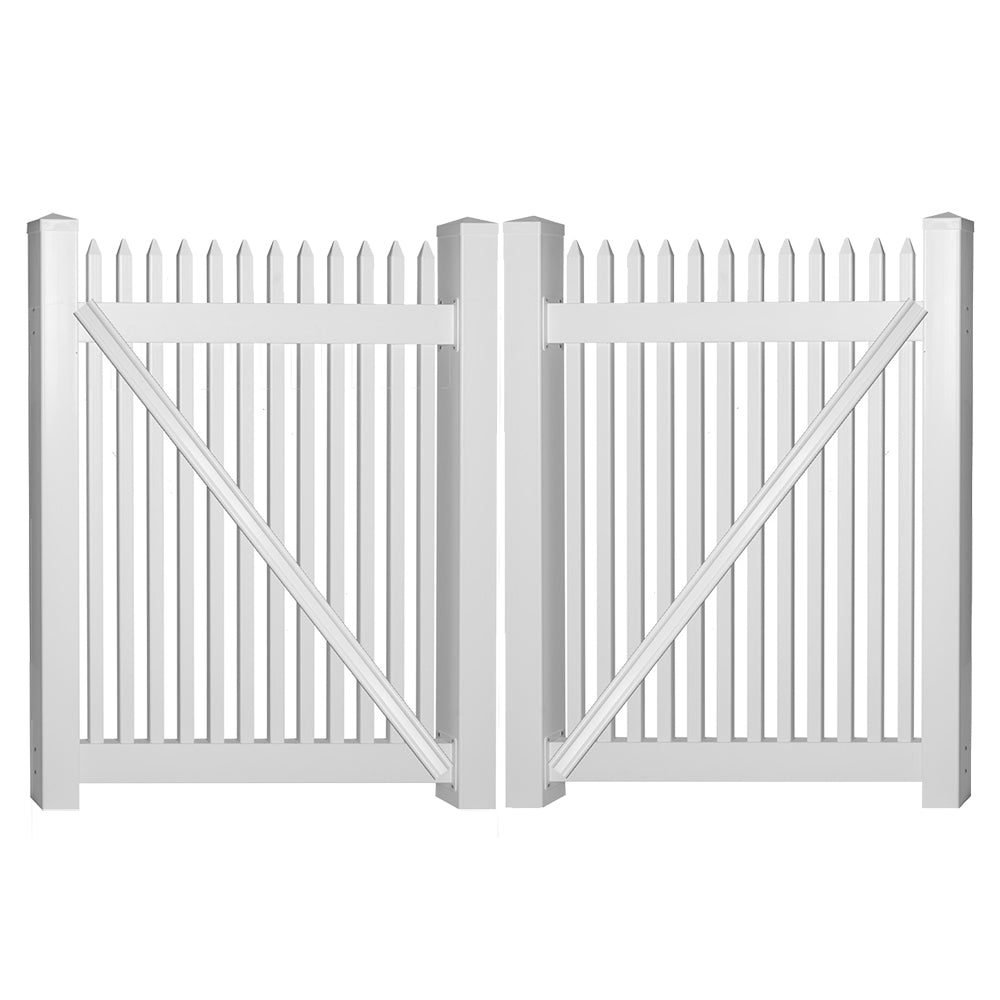 White Hartford vinyl picket fencing double gate stock image