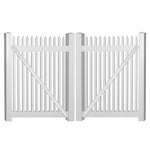 White Hartford vinyl picket fencing double gate stock image