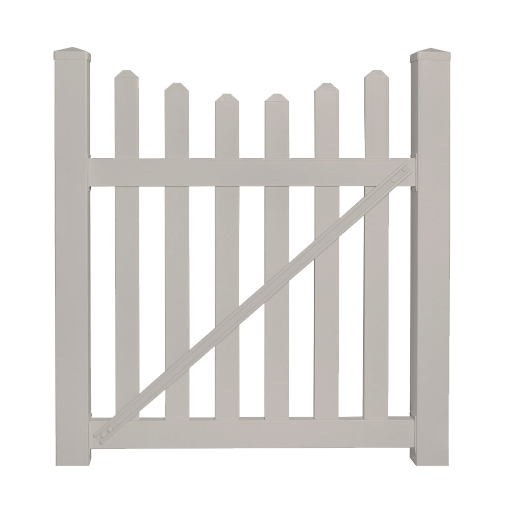Tan Ellington vinyl picket fencing gate stock image