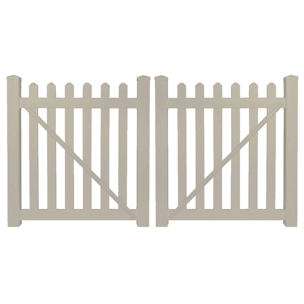 Khaki Chelsea vinyl picket fencing double gate stock image