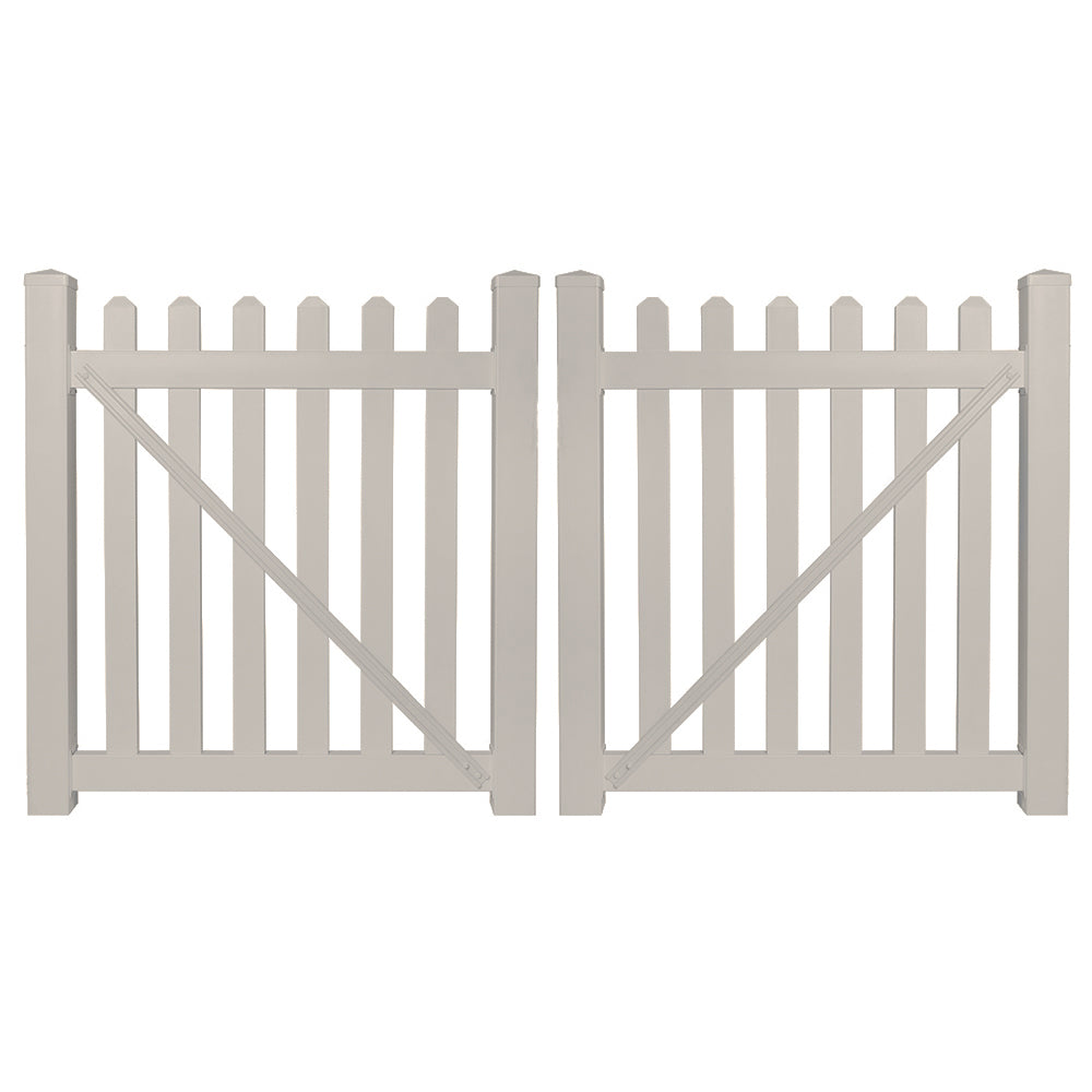 Tan Chelsea vinyl picket fencing double gate stock image
