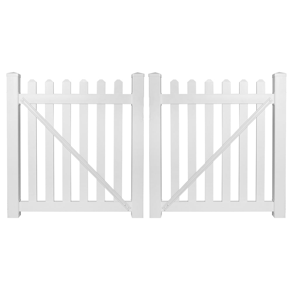 White Chelsea vinyl picket fencing double gate stock image