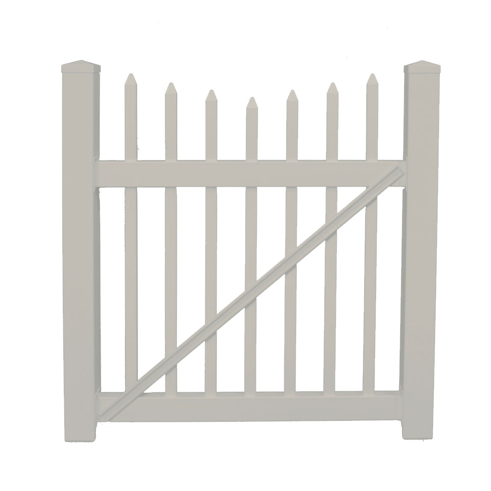 Stratford tan vinyl picket gate stock image