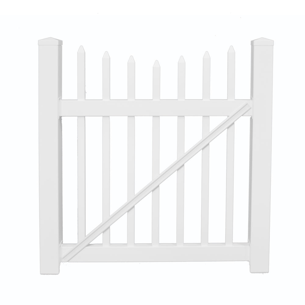 Stratford white vinyl picket gate stock image