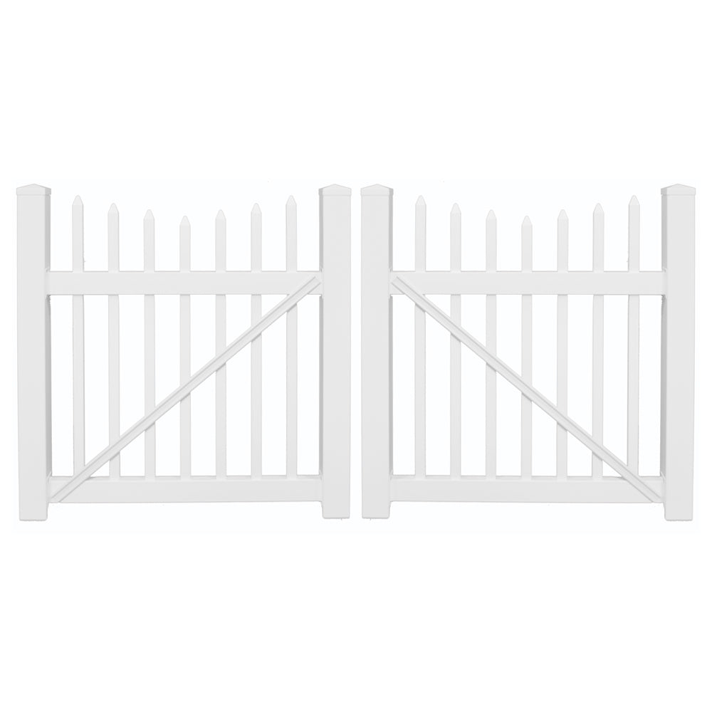 Stratford white vinyl picket double gate stock image