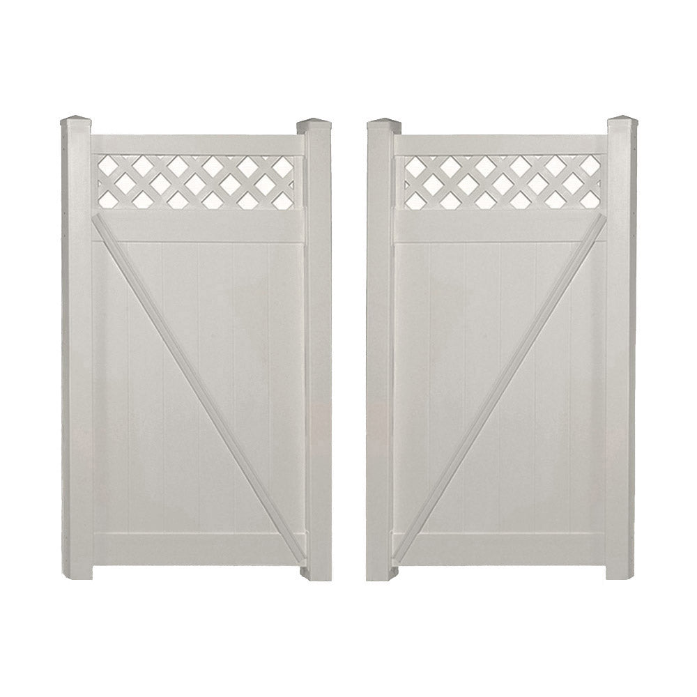 Tan Ashton vinyl privacy fencing double gate stock image