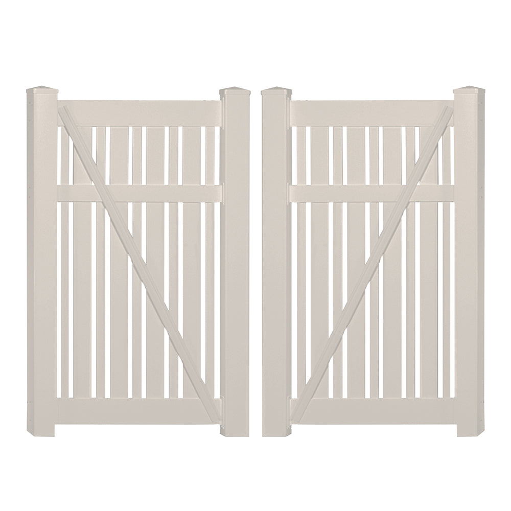 Tan Davenport vinyl semi-privacy fencing double gate stock image