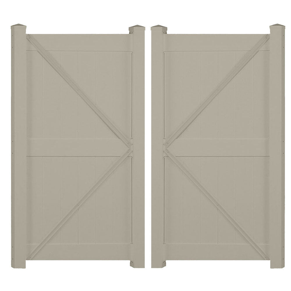 Khaki Augusta vinyl privacy fencing double gate stock image