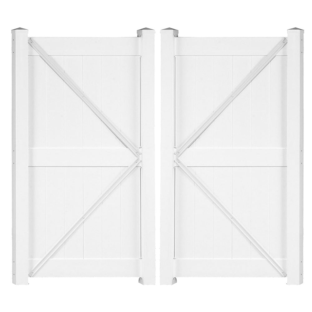 White Augusta vinyl privacy fencing double gate stock image
