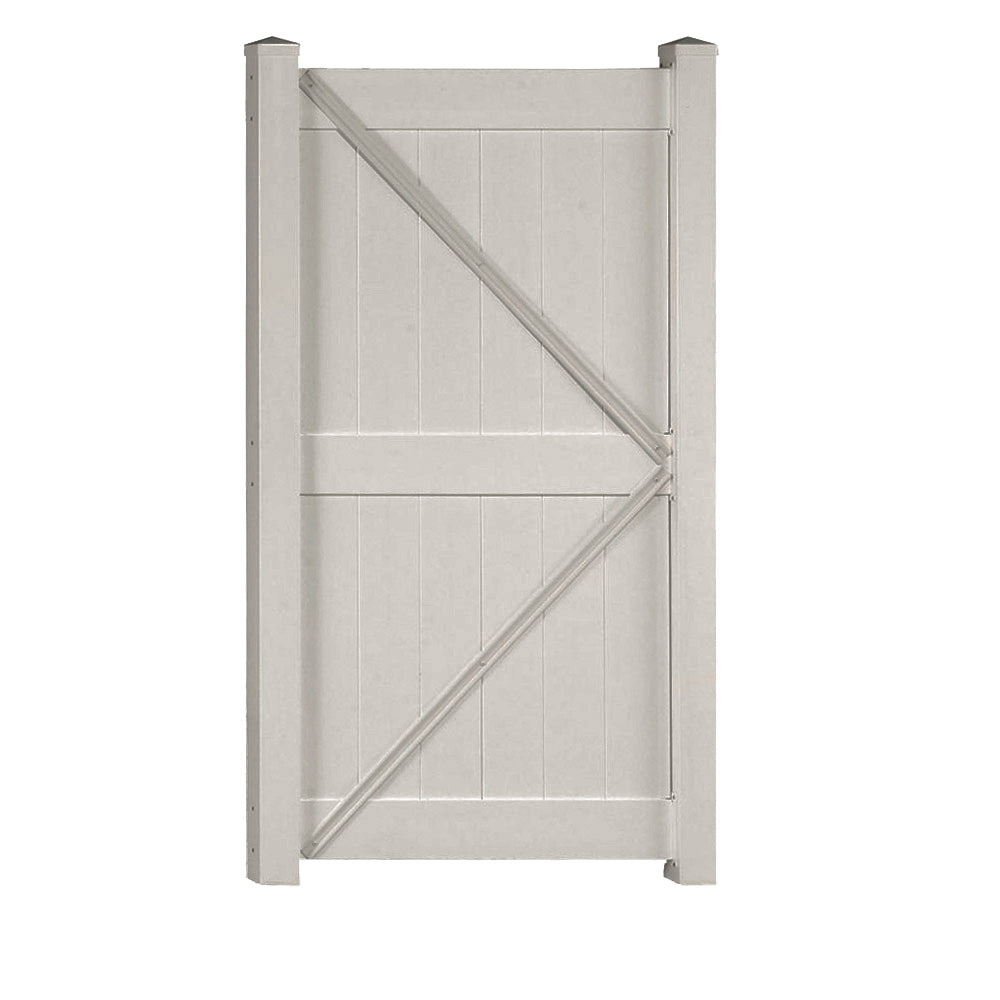 Tan Augusta vinyl privacy fencing gate stock image