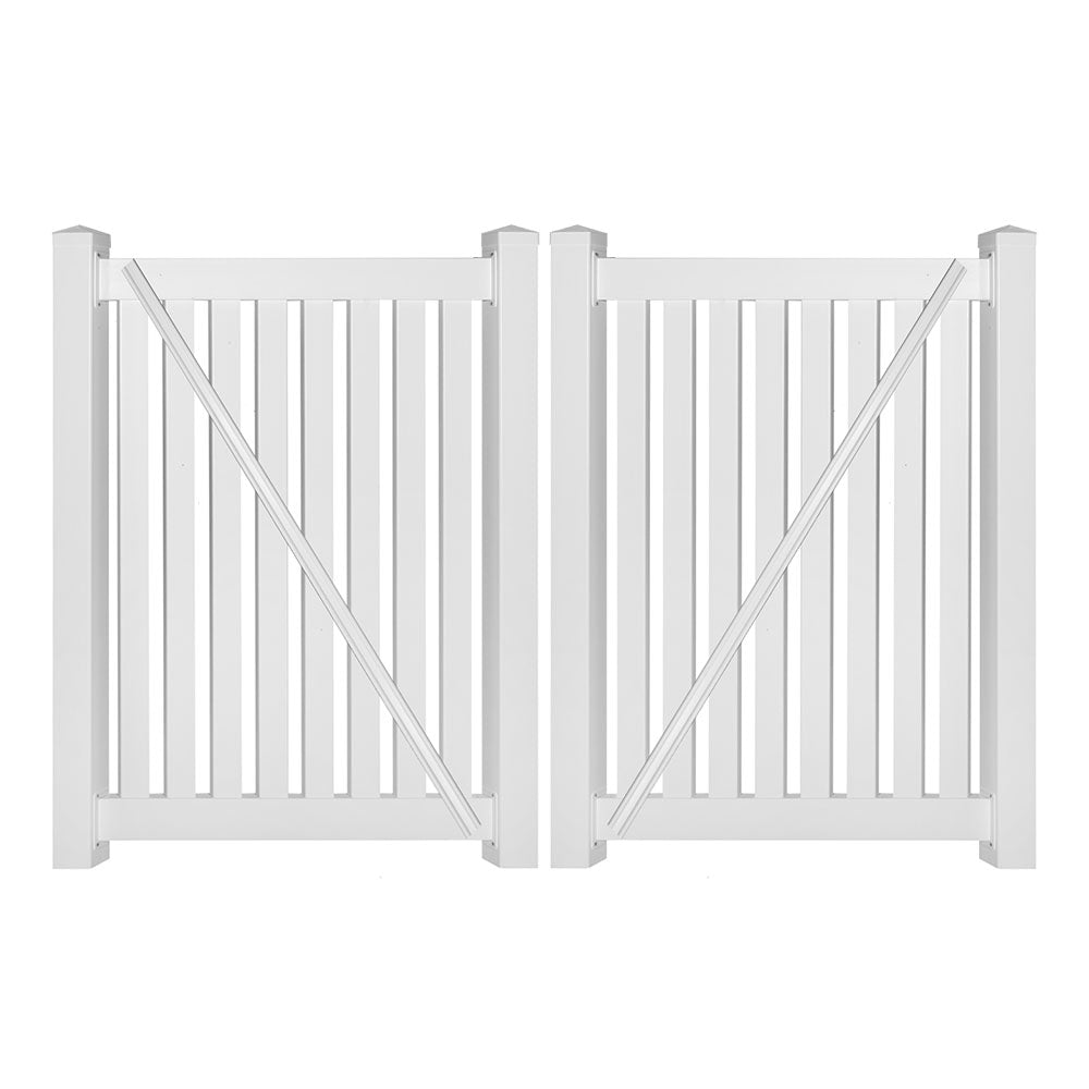 White Crestview 4 foot vinyl pool fencing double gate stock image
