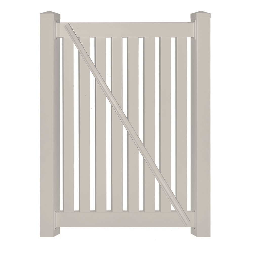 Tan Crestview 4 foot vinyl pool fencing  gate stock image