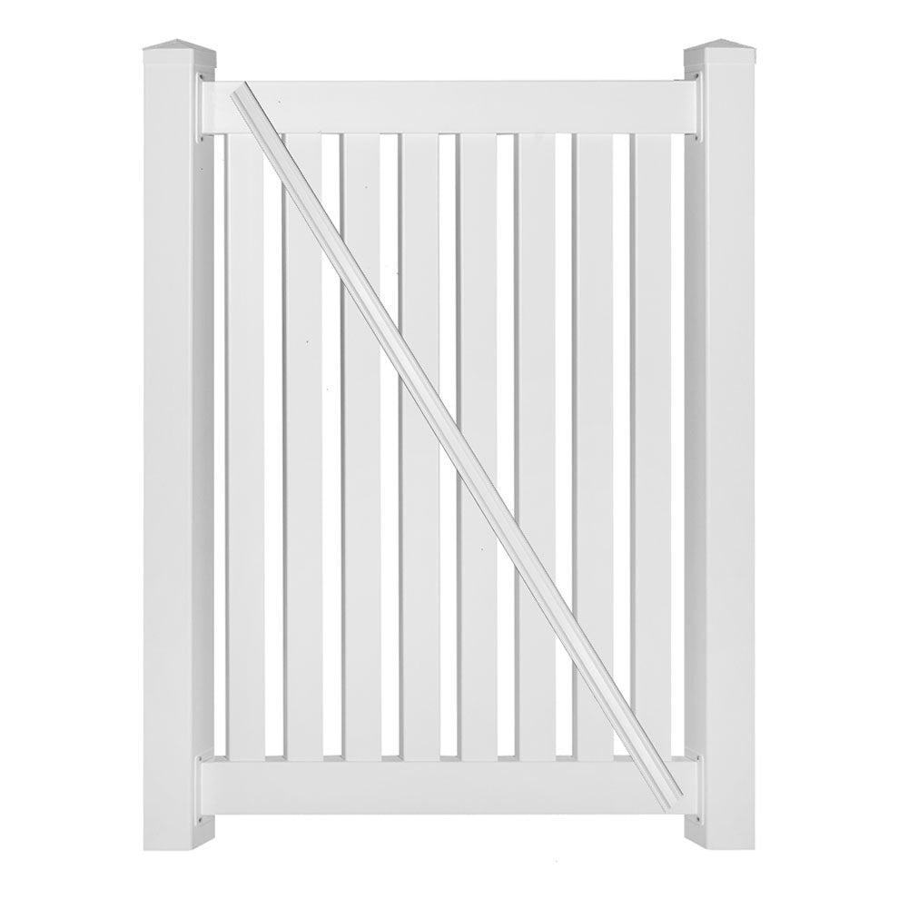 White Crestview 4 foot vinyl pool fencing gate stock image