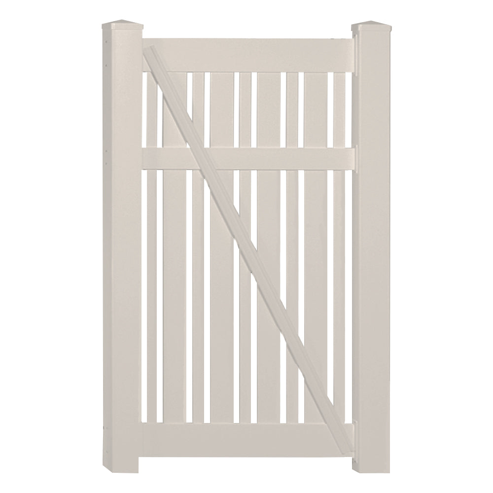 Tan Davenport vinyl semi-privacy fencing gate stock image