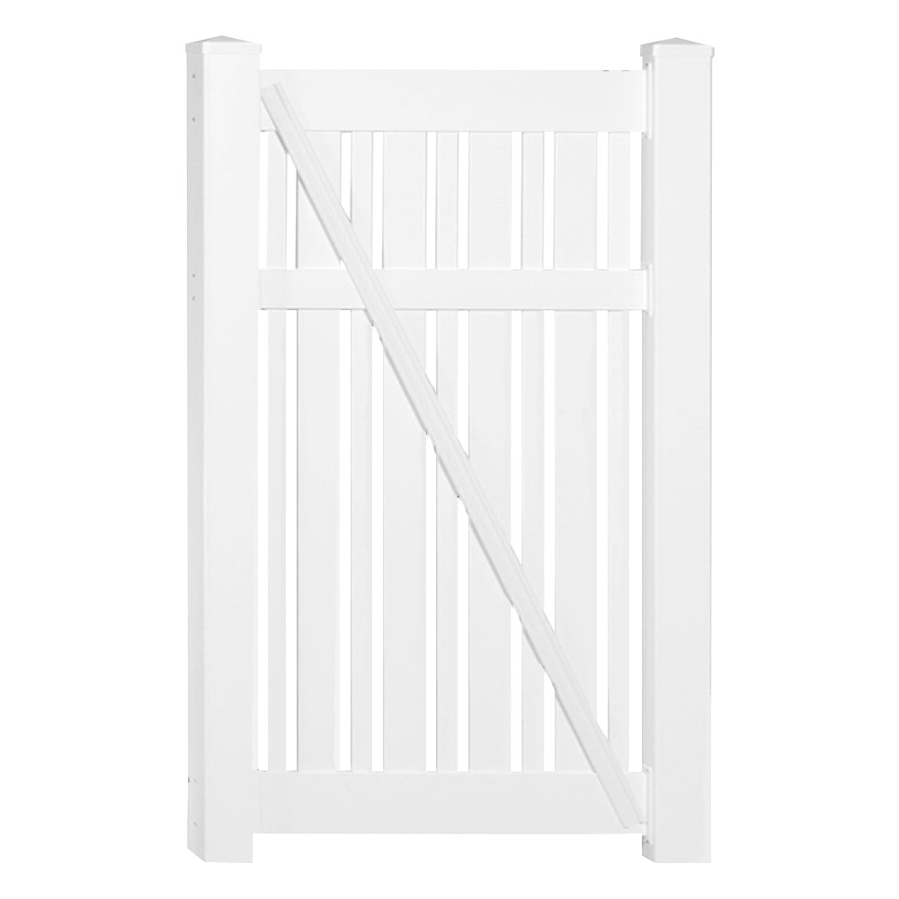 White Davenport vinyl semi-privacy fencing gate stock image