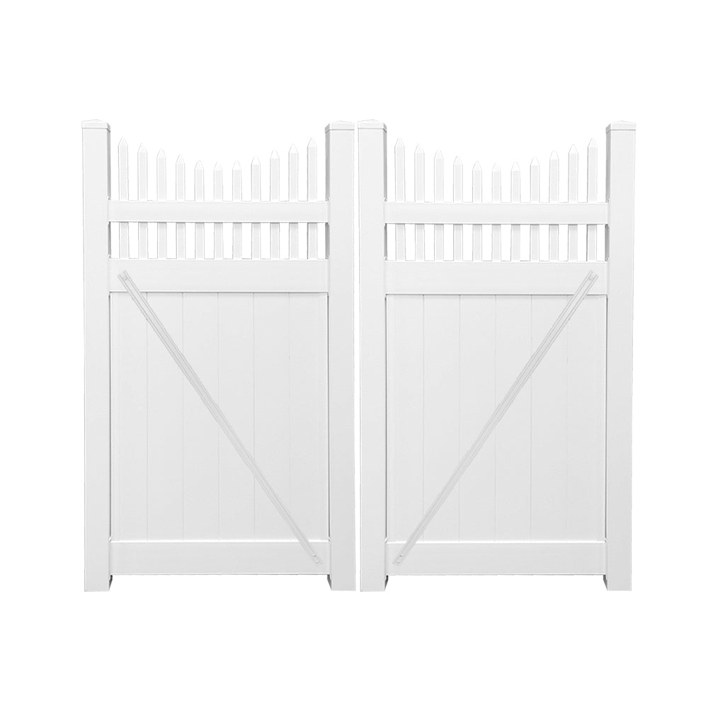 White Halifax vinyl privacy fencing double gate stock image
