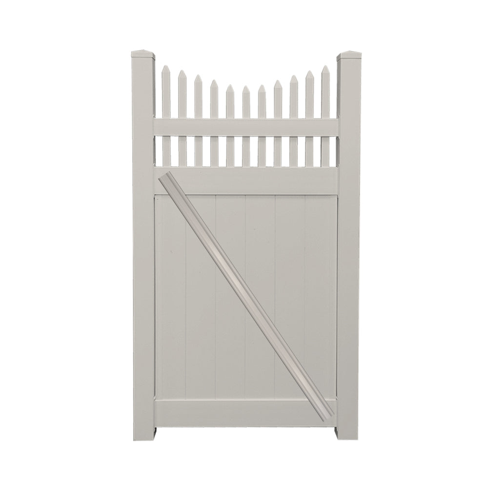 Tan Halifax vinyl privacy fencing gate stock image
