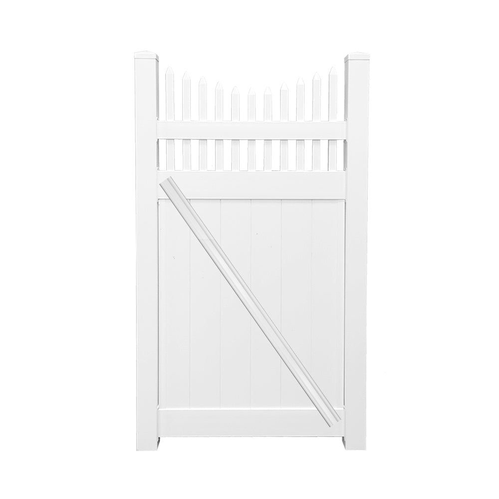 White Halifax vinyl privacy fencing gate stock image
