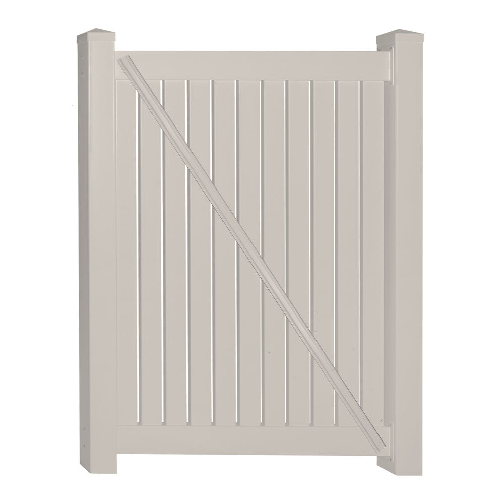 Tan Hanover 4 foot vinyl pool fencing gate stock image