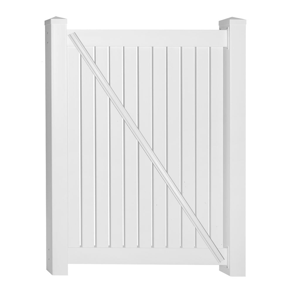 White Hanover 4 foot vinyl pool fencing gate stock image