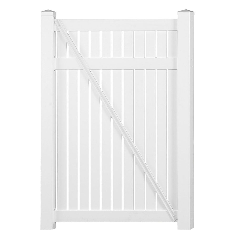 white vinyl pool fence single gate stock image