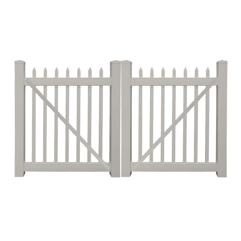 Tan Abbington vinyl picket fencing double gate stock image