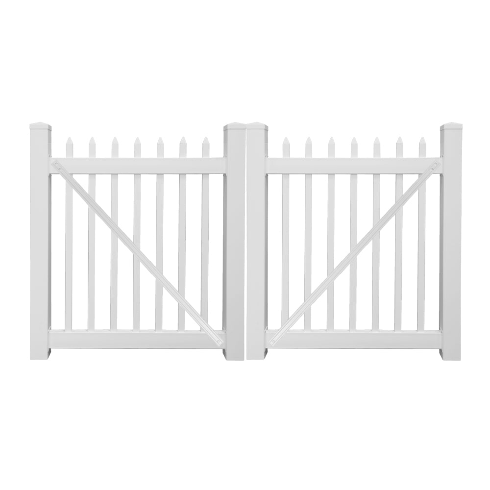 White Abbington vinyl picket fencing double gate stock image