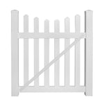 White Ellington vinyl picket fencing gate stock image