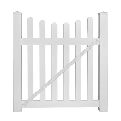 White Ellington vinyl picket fencing gate stock image