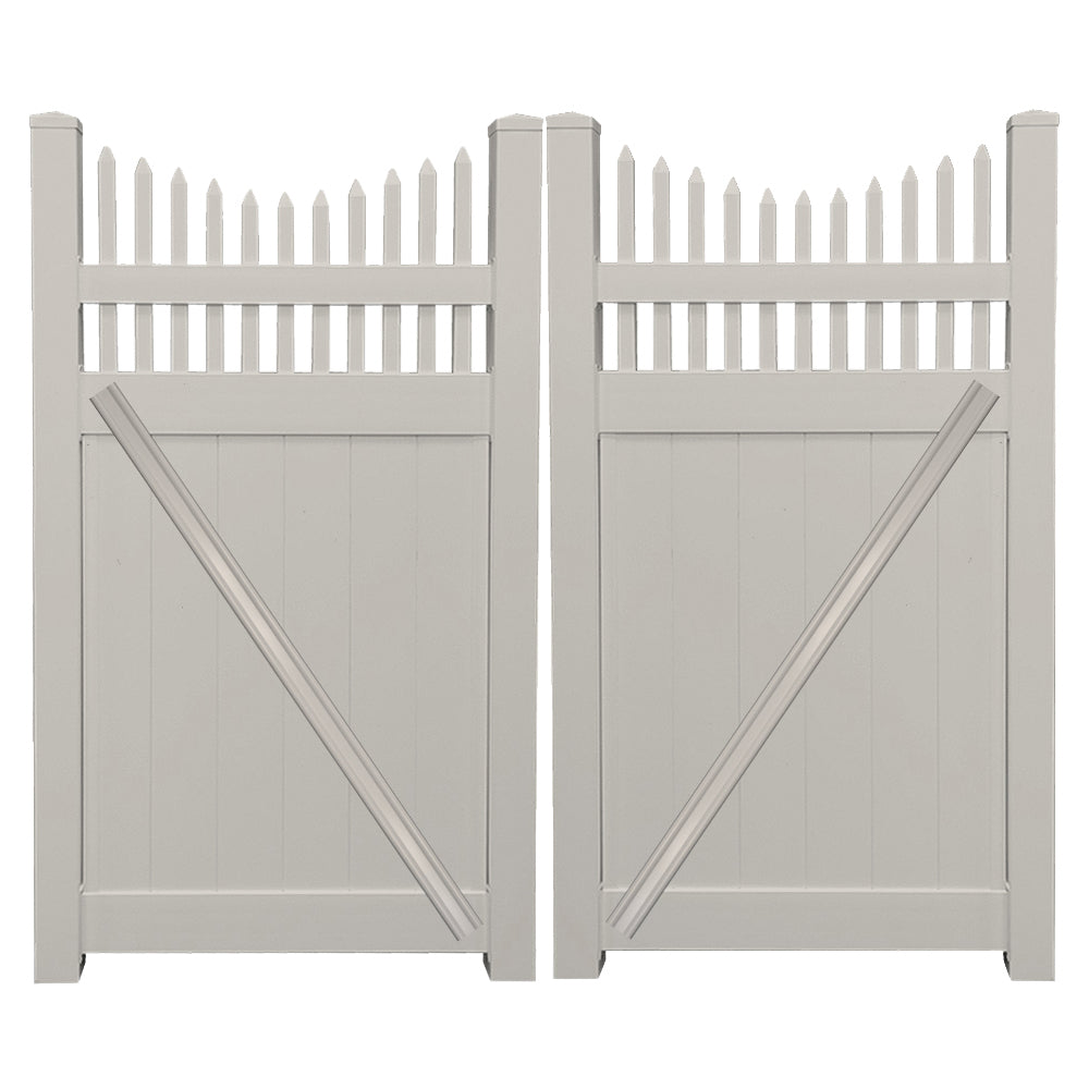 Tan Halifax vinyl privacy fencing double gate stock image