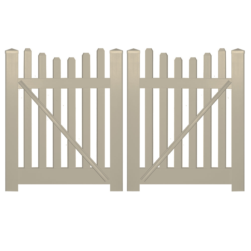 Khaki Hampshire vinyl picket fencing double gate stock image