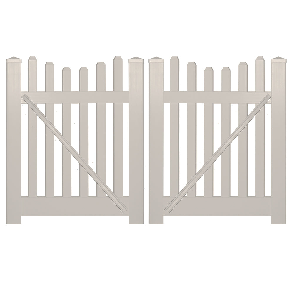 Tan Hampshire vinyl picket fencing double gate stock image