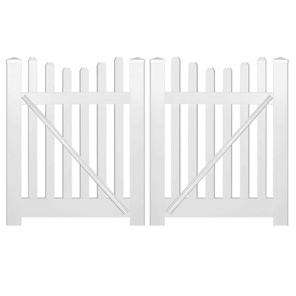 White Hampshire vinyl picket fencing double gate stock image
