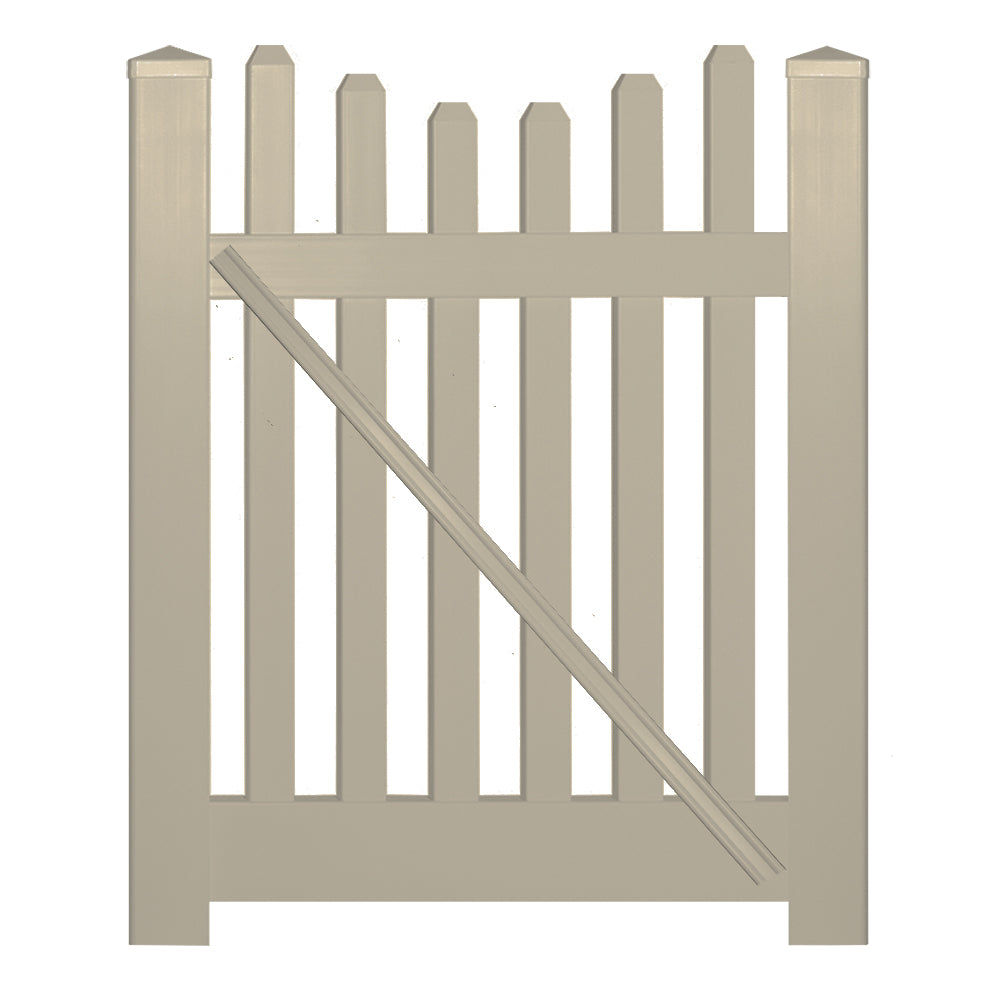 Khaki Hampshire vinyl picket fencing gate stock image