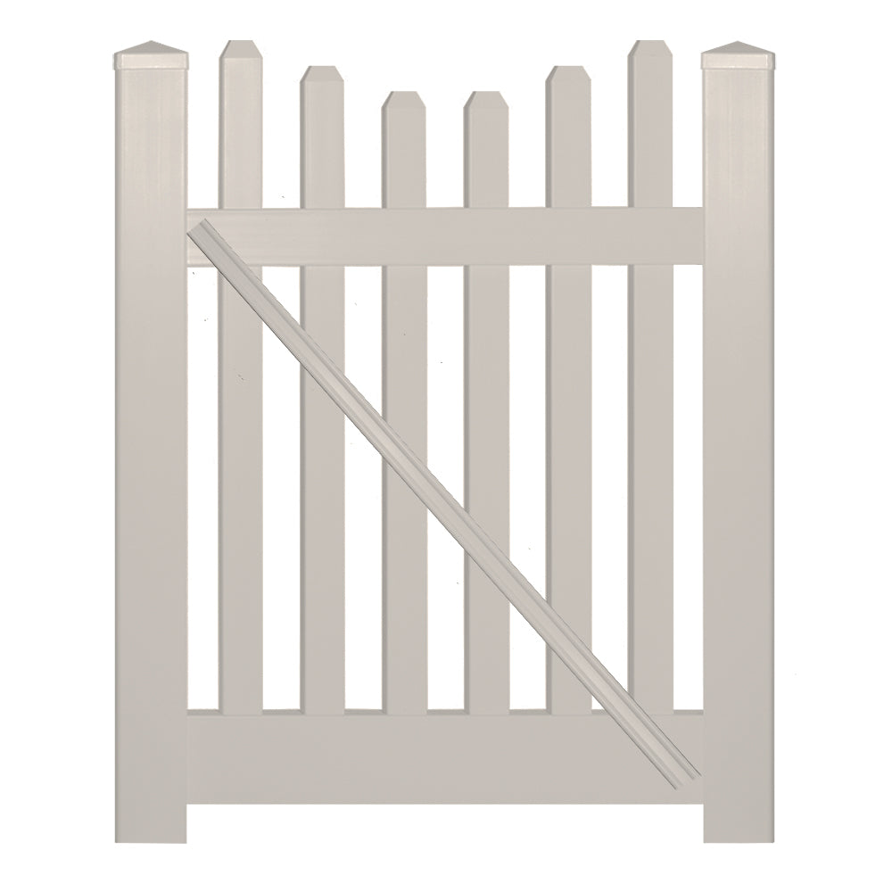 Tan Hampshire vinyl picket fencing gate stock image