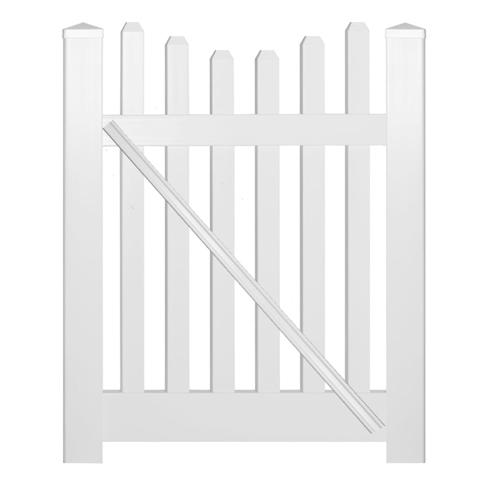 White Hampshire vinyl picket fencing gate stock image