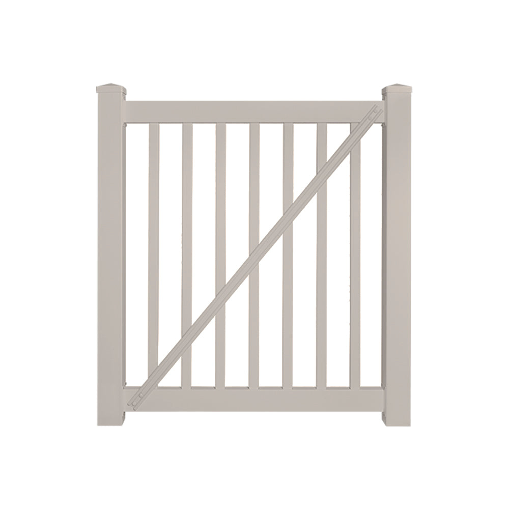 Tan Neptune 4 foot vinyl pool fencing gate stock image