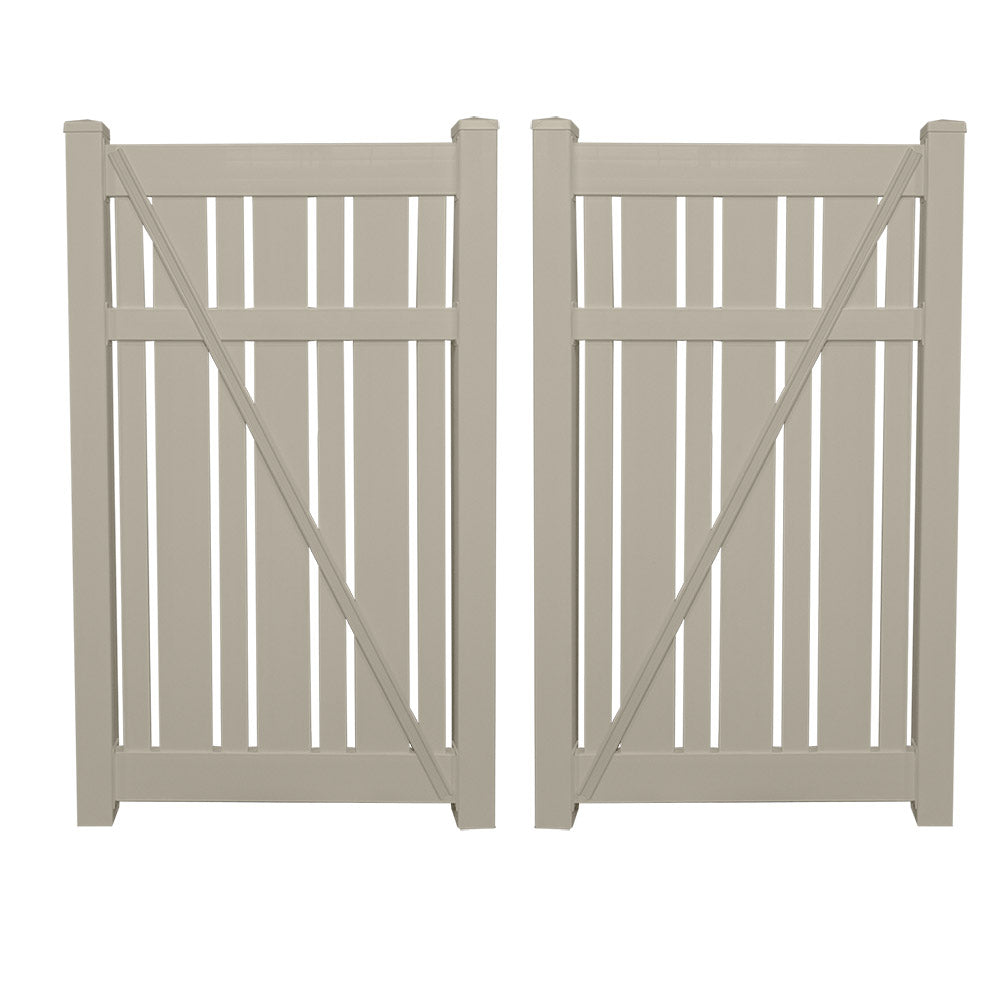Khaki Alden vinyl semi-privacy fencing double gate stock image
