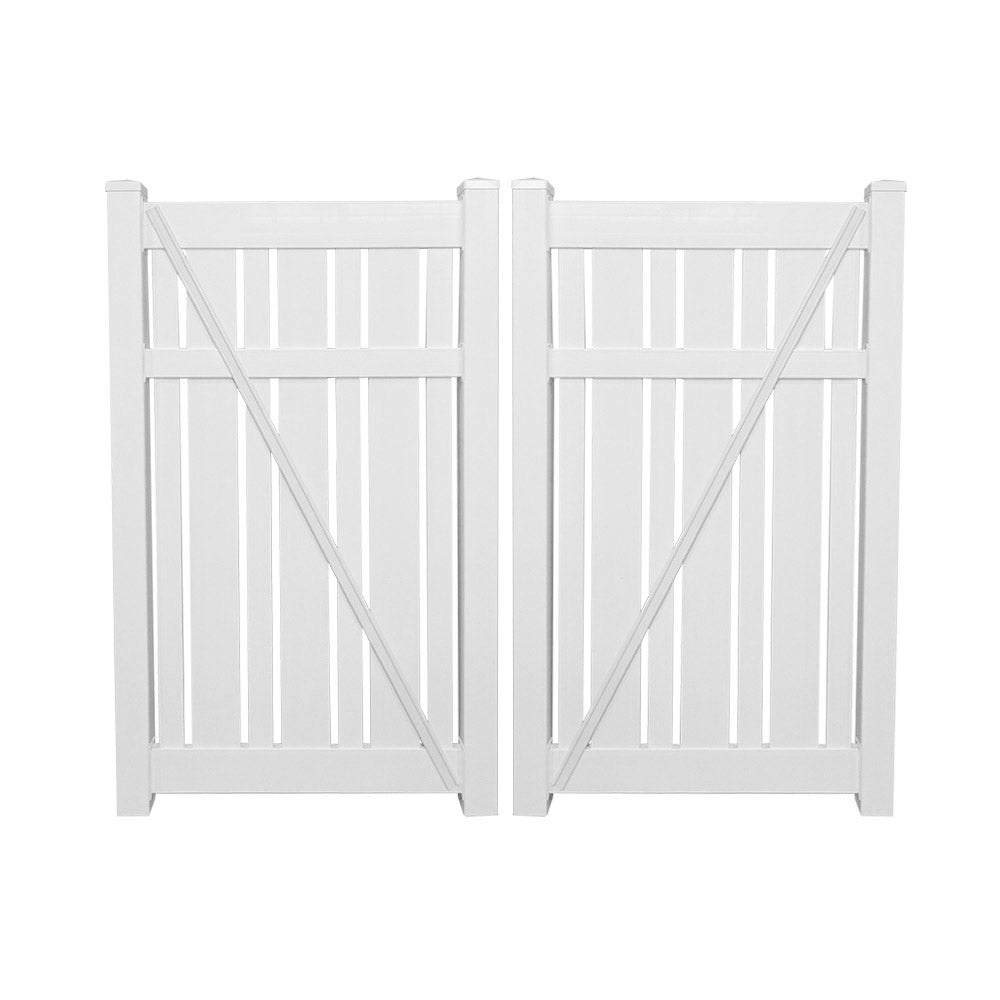 White Alden vinyl semi-privacy fencing double gate stock image