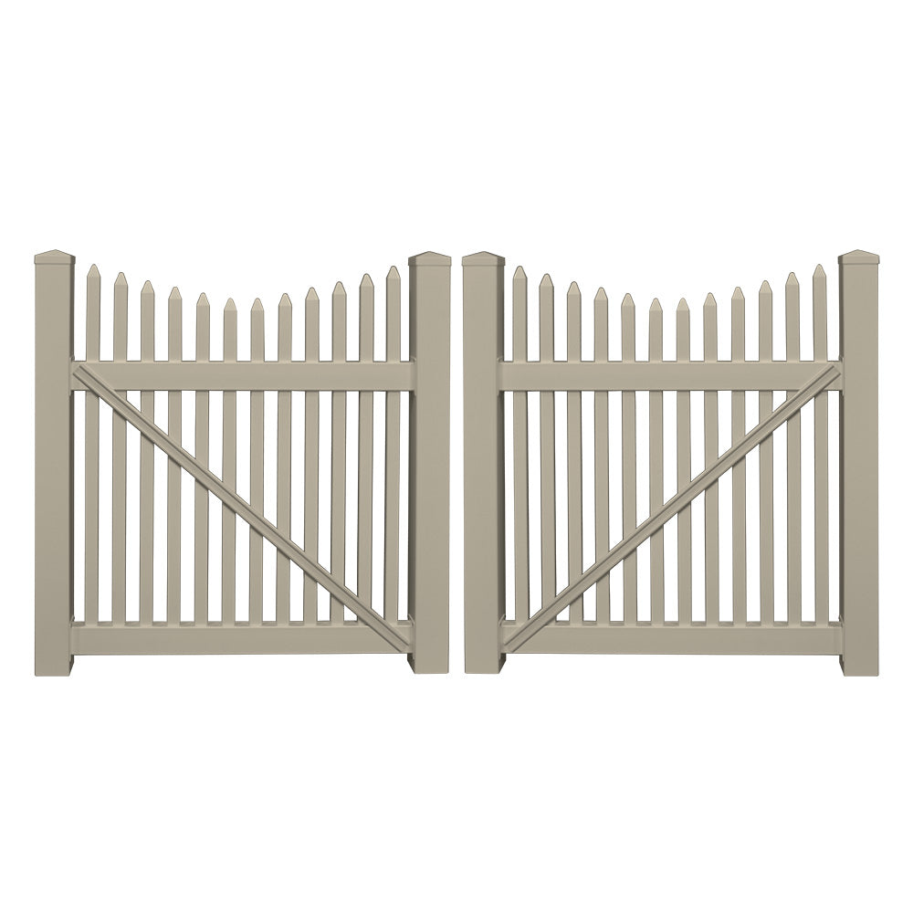 Khaki Barrington vinyl picket fencing double gate stock image