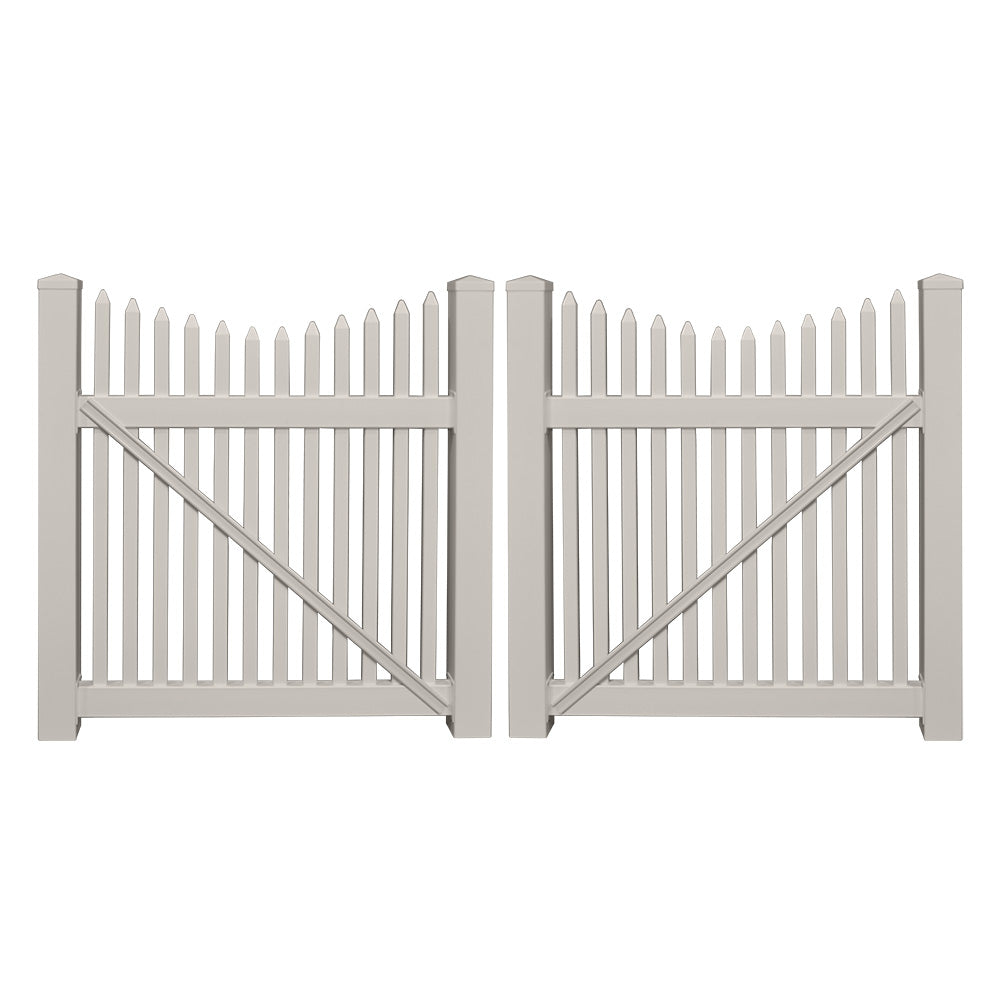 Tan Barrington vinyl picket fencing double gate stock image