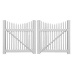 White Barrington vinyl picket fencing double gate stock image