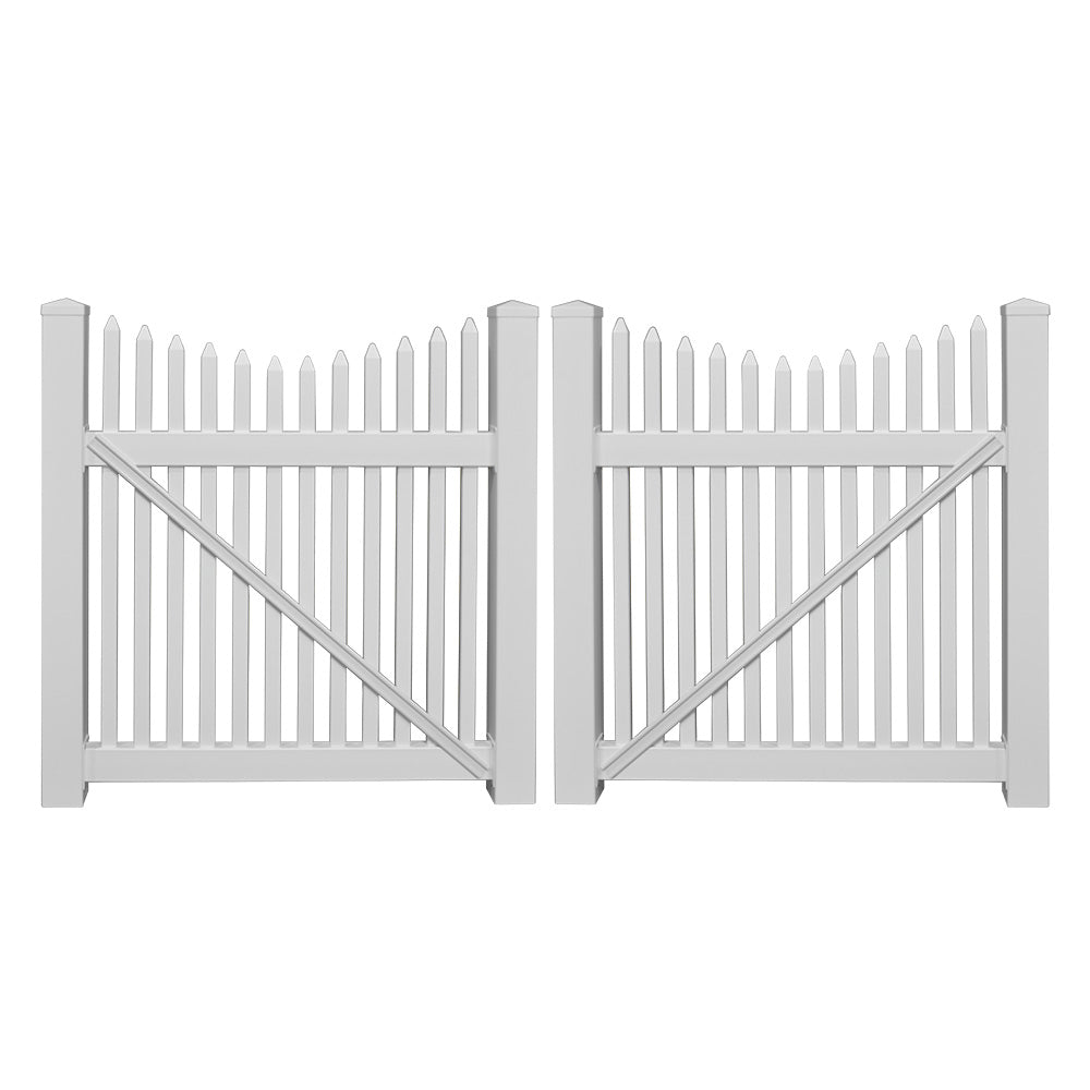 White Barrington vinyl picket fencing double gate stock image